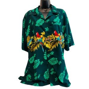 Vacation Shirt-Tropical Parrot Print Green Casual Button Down